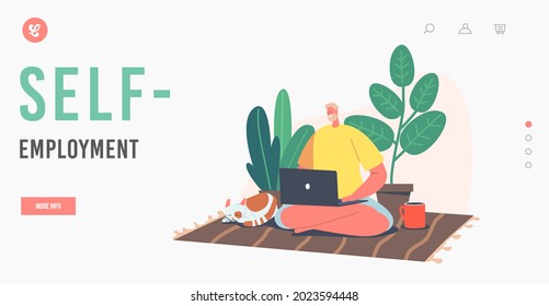 Self-employment Landing Page Template. Remote Freelance Work, Homeworking Place Concept. Man Freelancer Sitting on Floor in Yoga Pose with Cat and Coffee Cup Work Distant. Cartoon Vector Illustration