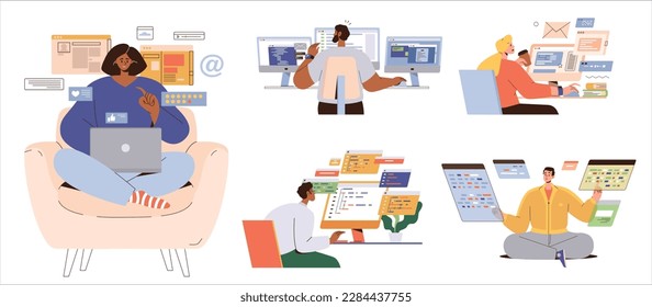 Self-employment programmer people character working with software, computer code and web development in office workplace, co-working space or remotely from home isolated set vector illustration