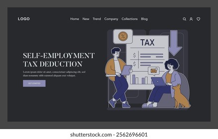 Self-employment tax deduction concept. Freelancers working on financial calculations and savings. Efficient tax planning for independent contractors. Vector illustration.