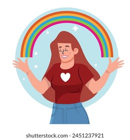 Self-esteem, beautiful woman holding rainbow in hands Cartoon comic girl, vector illustration.