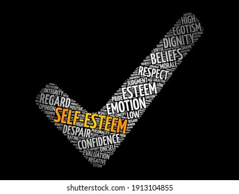 Self-esteem check mark word cloud, concept background