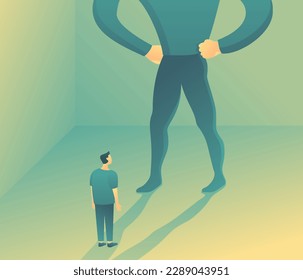 Self-esteem and confidence - male character looks at some big superhero