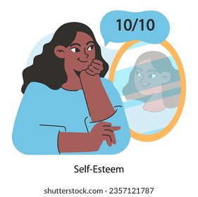 Self-esteem. Deep understanding and acceptance of own personality. Positive psychology and personal growth. Female character looking at the mirror, expressing self love. Flat vector illustration