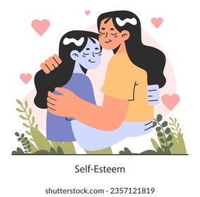 Self-esteem. Deep understanding and acceptance of own personality. Positive psychology and personal growth. Female character expressing self love and care. Flat vector illustration