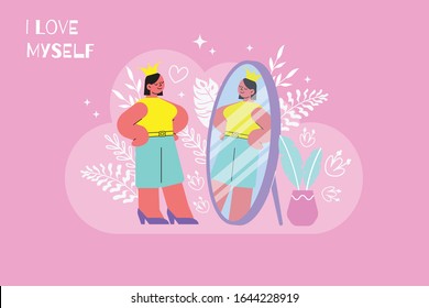 Self-esteem flat composition with female human character looking into mirror with ornaments and editable text vector illustration