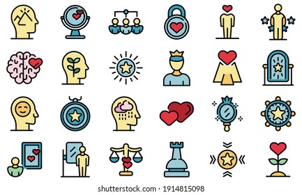 Self-esteem icons set. Outline set of self-esteem vector icons thin line color flat on white