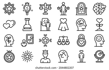 Self-esteem icons set. Outline set of self-esteem vector icons for web design isolated on white background