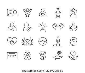 Self-esteem line icon set. Self-acceptance, Self-respect, Self-development. Affirmations Glyph icons set, editable stroke isolated on white, linear vector outline illustration, symbol logo design