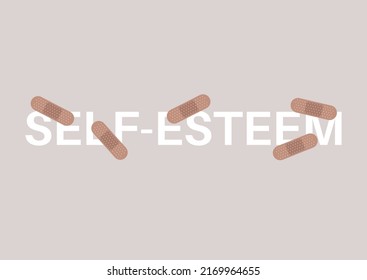 A self-esteem sign covered with adhesive plasters, acceptance and recovery