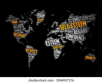 Self-esteem word cloud in shape of world map, concept background