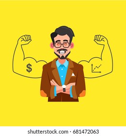 Self-evaluation in business. A man on a yellow background crossed his arms. Modern flat style vector illustration clipart.