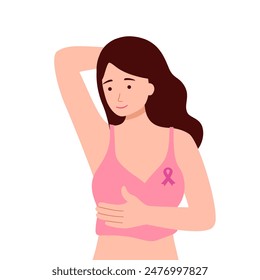 Self-examination for breast cancer in flat design on white background.