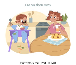 Self-Feeding Toddler concept. A young child masters eating with a spoon as a proud parent watches, promoting independence and motor skill development.
