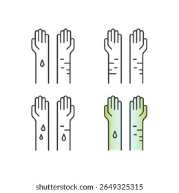 Self-harm methods with scissors, razor blade, knife, and bandaged arm. Depression, suicide risk, mental illness, emotional pain, psychological trauma, crisis awareness, thin line vector icon logo
