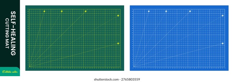Self-healing cutting mat design board set. Professional grid scale and measurement rulers. Vector illustration transparent background