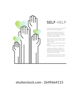 Self-help concept with self-improvement, personal growth, self-awareness, emotional support, mental wellness, motivation, and self-care in outline vector style for psychology and wellbeing heart, hand