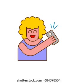 Selfi icon. woman takes picture of herself on phone