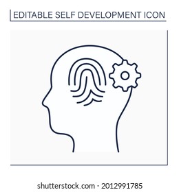 Symbol der Selbstidentität. Selbstbewusstsein. Verstehen der Bedürfnisse und Fähigkeiten.Zusammenführen aller Eigenschaften, Werte, physikalischen Eigenschaften. Selbstentwicklungskonzept. Einzige Vektorgrafik. Bearbeitbarer Hub