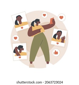 Ilustración vectorial de concepto abstracto selfie. Cultura selfie, actividad de redes sociales, popularidad de blogs, adicción a los smartphones, cámara digital, mostrar y compartir tu personalidad metáfora abstracta.