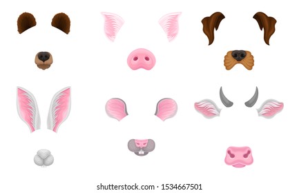 Selfie Animal Faces Efectos Vector Conjunto Ilustrado. Activos Para Entretenimiento