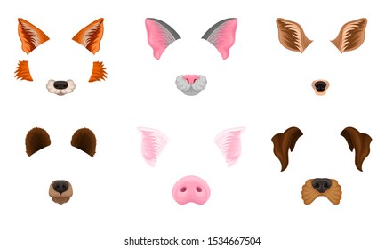 Selfie Animal Faces Effects Vector Illustrated Set. Assets For Entertainment