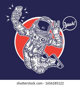 Selfie Astronaut in Out Space with Peace Hand Sign Illustration 
