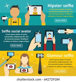 Selfie banner horizontal concept set. Flat illustration of 3 selfie vector banner horizontal concepts for web