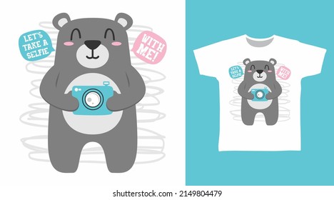 Selfie bear with camera cartoon tshirt concept design