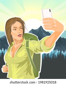 Selfie. Beautiful girl tourist. Backpack. Against backdrop of a landscape with mountains, coniferous forest and sunrise. Pretty woman on journey. Flat style. Travel. Illustration vector