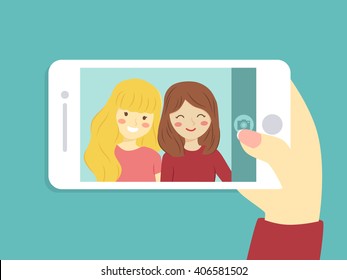 Selfie Best Friend. Vector illustration of two girls take a selfie picture with smart phone.