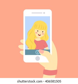 Selfie Blonde Girl. Vector illustration of a curly blonde girl take a selfie picture of her self with smart phone.