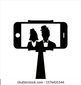 Selfie booth icon. Black silhouette mobile phone. Monopod Selfie stick with empty frame. Vector isolated sticker. 