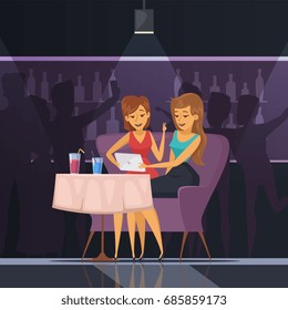 Selfie in cafe with women tablet table and drinks flat vector illustration