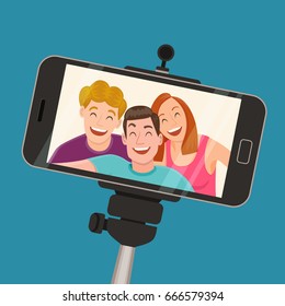 Selfie Capture Smartphone Three Friends Standing Stock Vector (Royalty ...