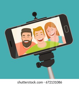 A selfie capture with a smartphone of three friends standing and laughing. Friendship and youth concept. Vector illustration.