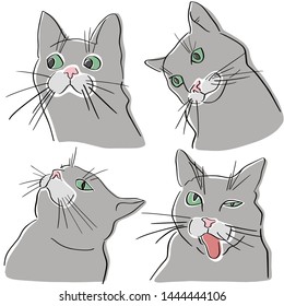 Selfie cat. Set of four fun pet silhouettes. Gray cat with green eyes cartoon. Abstract vector flat illustration. Isolated hand drawn black contour and colors.
