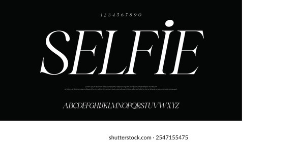 Selfie Fuente elegante con clase, tipo vintage o tipo de letra premium de lujo, alfabeto real inglés de Vector. Tipografía clásica en estilo art déco moderno o antiguo, serif