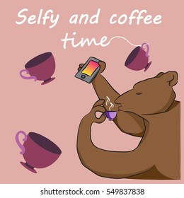 selfie and coffe time. The illustration shows a bear in the image of man of the 21st century. Everyone knows it himself.