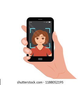 Selfie colorful vector concept. Cartoon illustration of woman taking a photo of herself with smartphone. Hand holding telephone with girl portrait on the screen 