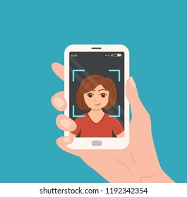 Selfie colorful vector concept. Cartoon illustration of woman taking a photo of herself with smartphone. Hand holding telephone with girl portrait on the screen 