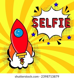 Selfie. Comic book explosion with text -  Selfie. Vector bright cartoon illustration in retro pop art style. Can be used for business, marketing and advertising.  Banner flyer pop