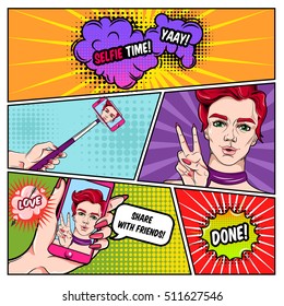 Selfie comics page with smartphone woman and victory gesture speech bubbles on pop art background vector illustration 