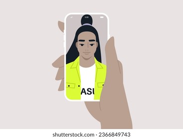 Concepto de selfie con una mano sosteniendo un teléfono móvil mostrando el retrato de un personaje
