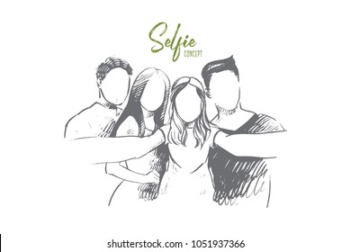 Selfie concept. Hand drawn group of people taking selfie isolated vector illustration.