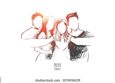 Selfie concept. Hand drawn group of people taking selfie isolated vector illustration.