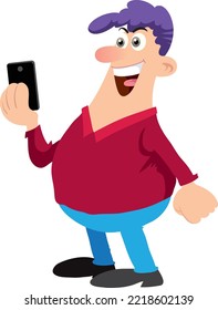 Selfie concept with man standing and make a self portrait with mobile phone camera 