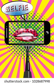 Selfie Concept Pop Art Style, Mobile Phone With Empty Screen On Monopod, Sweet Pair Of Glossy Vector Lips, Warhol Style Poster, Expression Text SELFIE