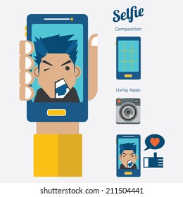 Selfie concept : Taking a self portrait with smart phone, Cartoon vector, Flat design