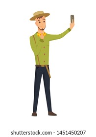 Selfie concept with young man in hat standing and make a self portrait with mobile phone camera in flat style.