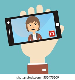 Selfie concept with young man make a self portrait with mobile phone camera in flat style. vector